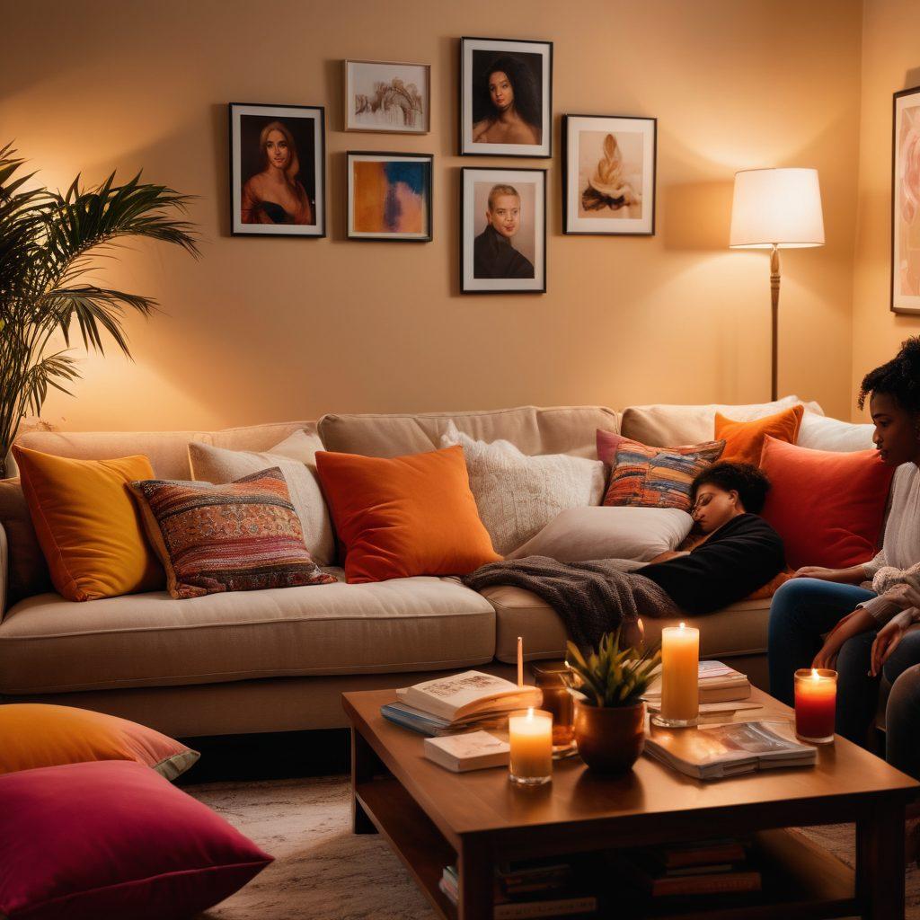 A cozy living room setting with soft lighting, featuring a plush sofa adorned with colorful cushions. In the foreground, a diverse group of friends engaged in an open and intimate discussion, showcasing facial expressions of curiosity and empowerment. Elements such as art books and candles surround them, creating an inviting atmosphere. The backdrop includes abstract art reflecting themes of sexuality and empowerment. warm color palette. cozy aesthetic. soft focus.