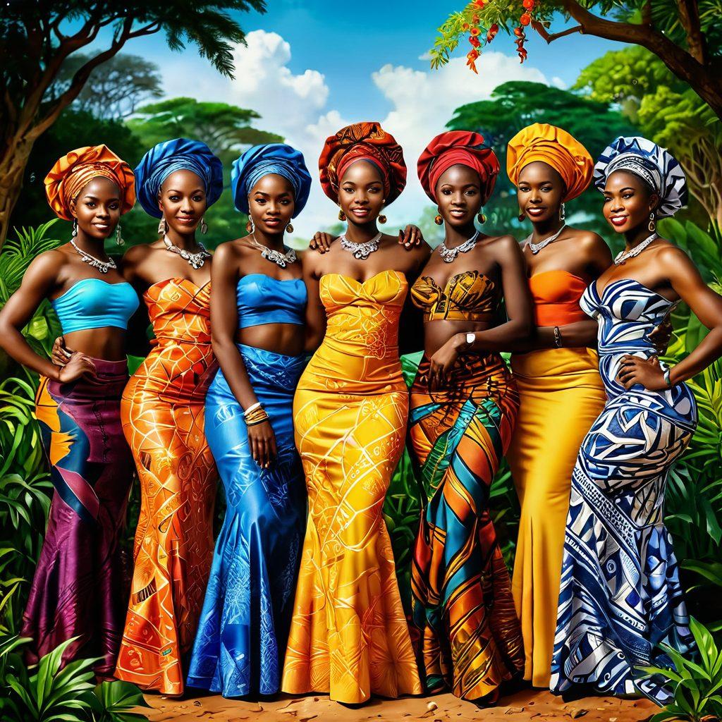 A captivating scene depicting an array of diverse African women embracing their bodies in a lush, vibrant landscape. Highlight their expressions of confidence and empowerment, incorporating traditional attire and natural elements to symbolize sensuality and culture. Add intricate patterns inspired by African art to enhance the beauty of the figures. The background should be colorful and lively, reflecting the essence of celebration. vibrant colors. super-realistic.