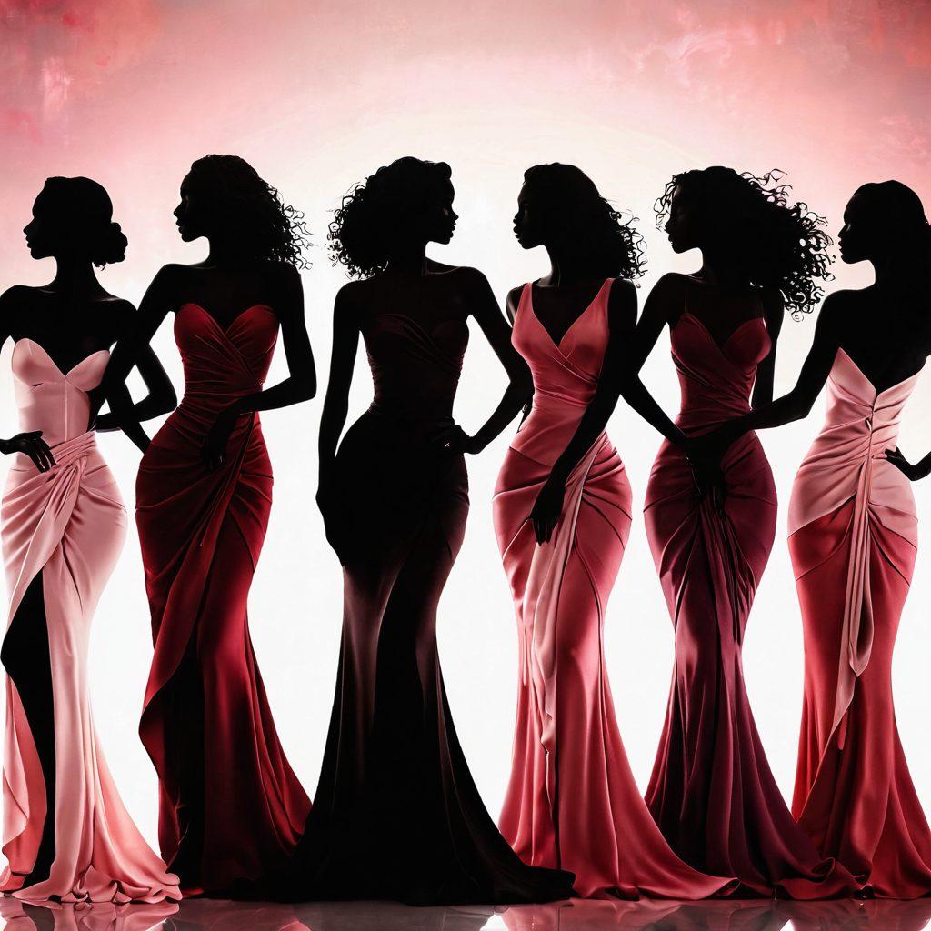 A powerful, artistic representation of diverse women's silhouettes, gracefully intertwined with flowing fabrics that symbolize empowerment and sensuality. The background features subtle hints of adult media elements, blending elegance with strength. The color palette includes deep reds and soft pinks to evoke passion and warmth. The overall composition should celebrate women's bodies in an empowering light. vibrant colors. super-realistic.